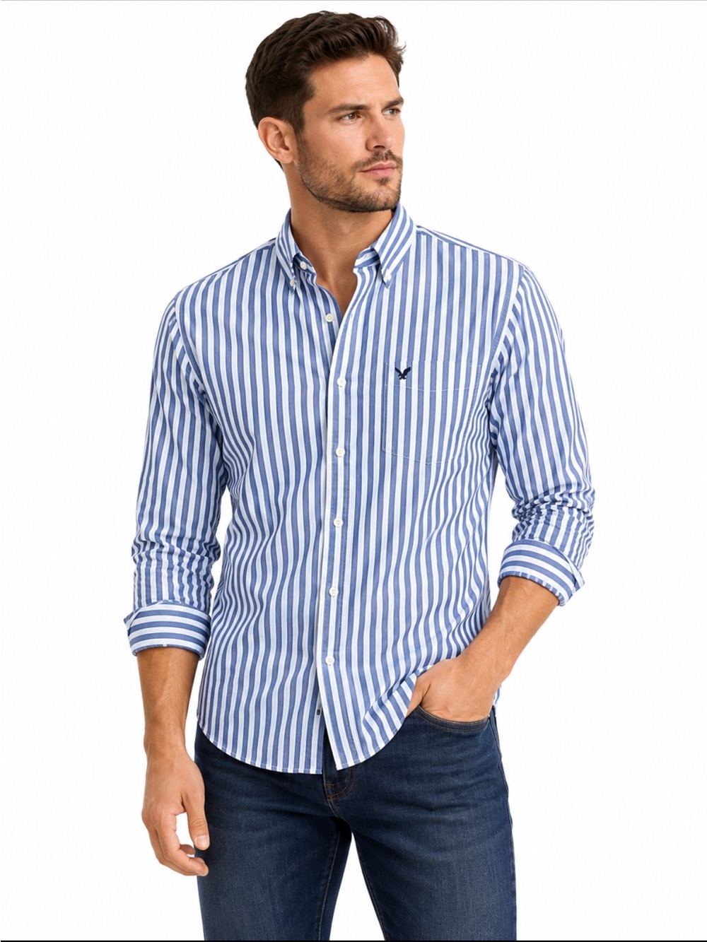 American Eagle Blue and White Striped Shirt, M